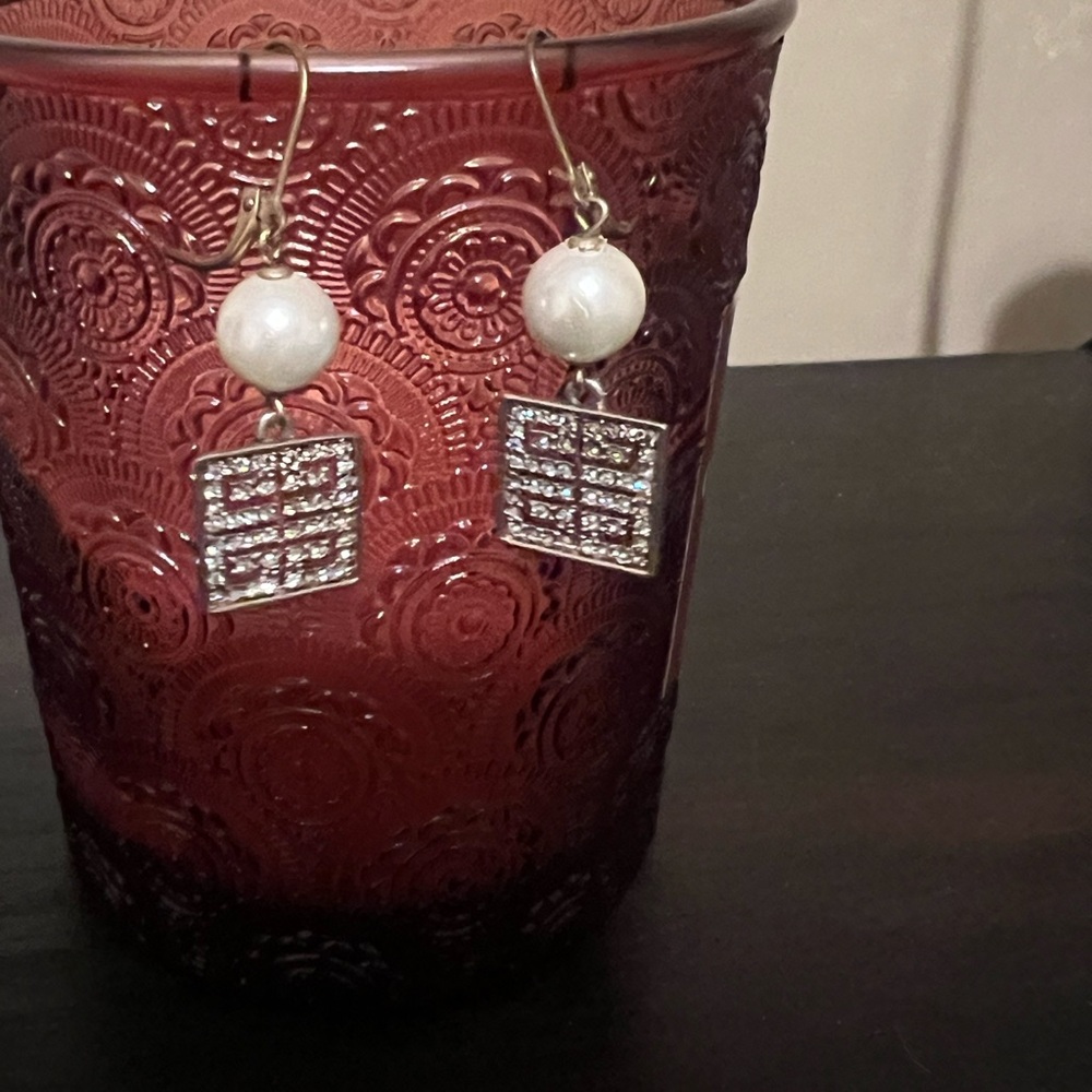 Givenchy Vintage Gold Tone Faux Pearl Drop Earrings with pave pattern logo - Picture 2 of 5